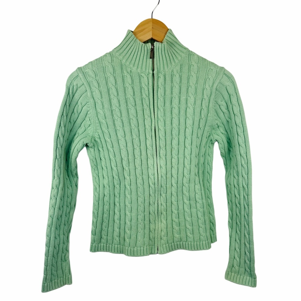 L.L. Bean Cable Knit Full Zip Cardigan | Mint Green | SIZE S